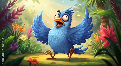 Cartoon bird character with surprised expression amid lush greenery and vibrant floral elements