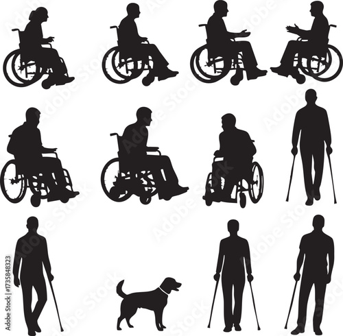 People with Disabilities Silhouettes Wheelchair and Mobility Aids Vector Set