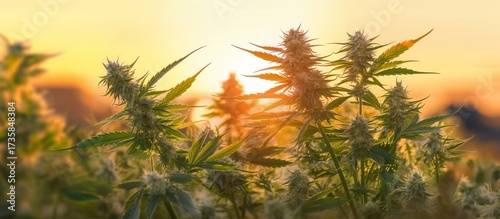 Cannabis With Flowers At Sunset - Sativa Herb - Legal Marijuana