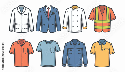 Workwear and Uniform Icon Pack,  Flat Style Illustrations of Chef Jacket, Lab Coat, Business Suit, Medical Scrubs, Safety Vest, Delivery Outfit, and Office Professional Clothing