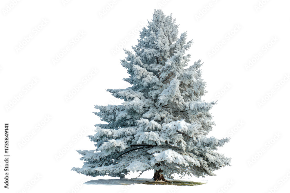 Fototapeta premium A beautiful evergreen tree covered in fresh white snow, isolated on a transparent background, perfect for winter scene compositions. background removed