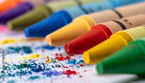 Colorful Crayons Close-Up with Scattered Wax Shavings on White Background