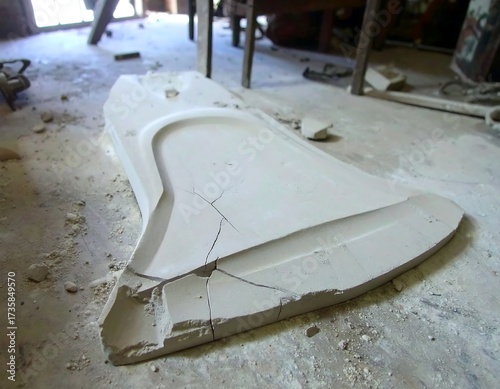 Broken clay bell shape on workshop floor