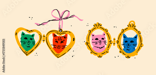 Cats in retro frames. Playful animal portraits in vintage style. Cute kittens illustrated in colorful decorative frames for nostalgic design, digital art, textile prints, and home decor
