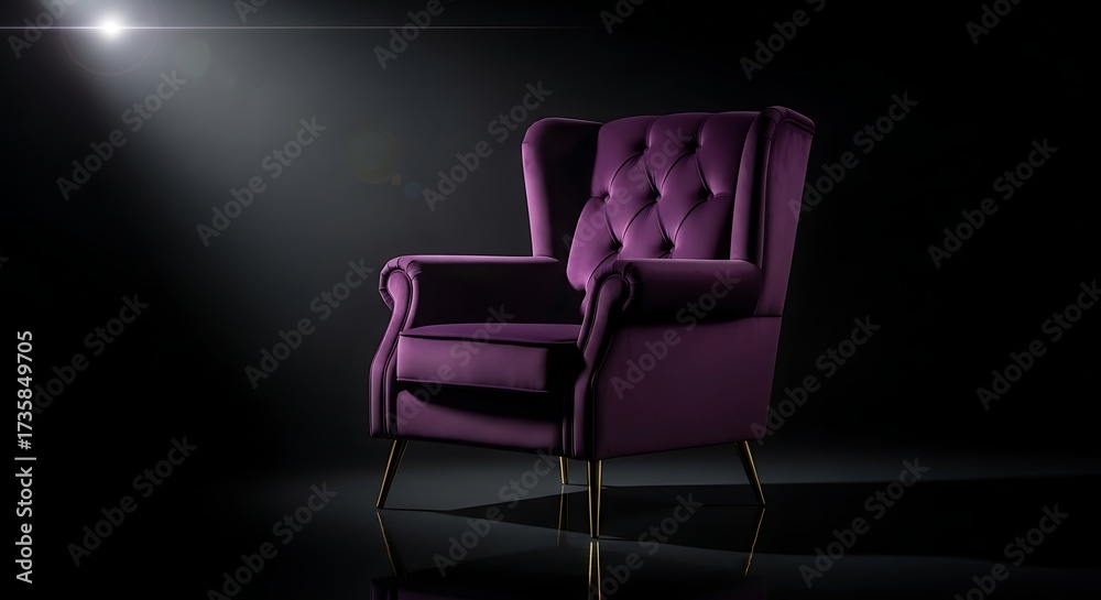Obraz premium Luxurious purple velvet armchair bathed in dramatic spotlight, creating an elegant and sophisticated ambiance
