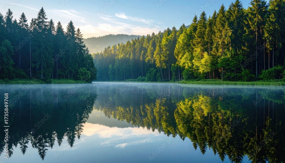 Fototapeta premium Wide Angle View of Deciduous and Evergreen Forest in Autumn Colors with Clear Lighting Reflecting on Water Surface in Forest