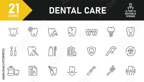 Dental care line icon set. Set of 21 outline icons related to dental, tooth, dentist, treatment, braces, dentistry, toothbrush, toothpaste and others. Editable stroke. Vector illustration.
