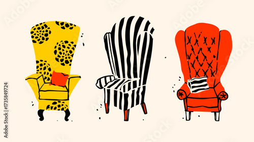 Arm chair retro set. Vintage furniture collection in nostalgic style. Comfortable chairs illustrated in colorful vector design for home decor, textile prints, wallpapers, and digital art