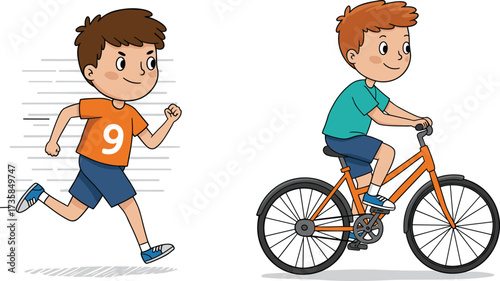 Cartoon boys running and cycling, vector illustration for physical activity, movement comparison, child exercise, outdoor sports, and educational fitness themes