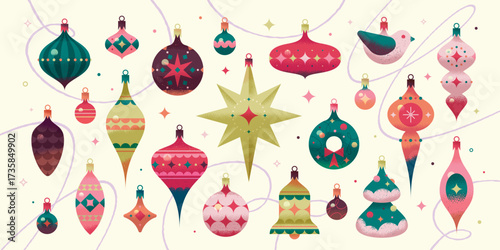 A charming collection of vector vintage Christmas tree toys. Balls, cones, bells, Star of Bethlehem, bird, Christmas tree.