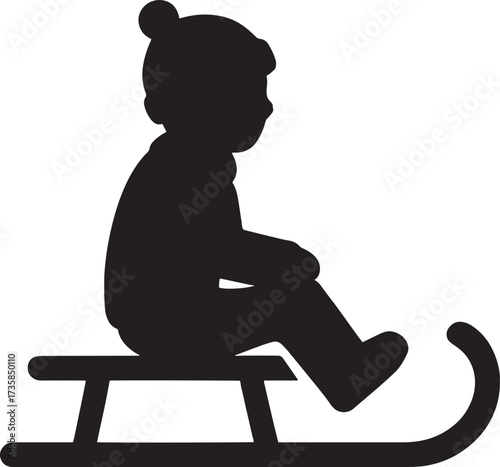 Vector Silhouette of Sledge with Child Sitting – Bold Outline, Sharp Edges, Flat Minimalist Design, Ultra HD