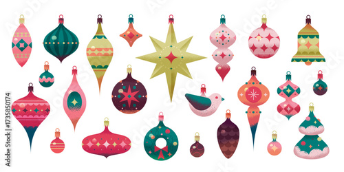 A charming collection of vector vintage Christmas tree toys. Balls, cones, bells, Star of Bethlehem, bird, Christmas tree.