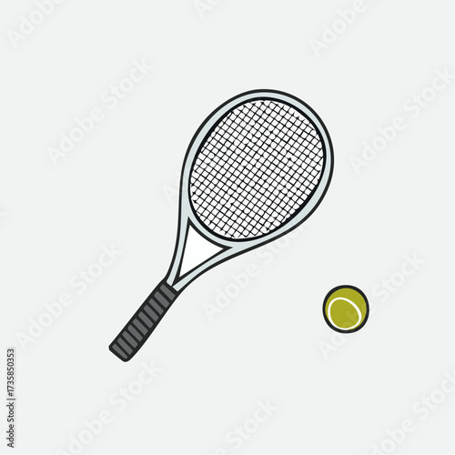 A simple illustration of a tennis racket and a tennis ball on a light gray background.