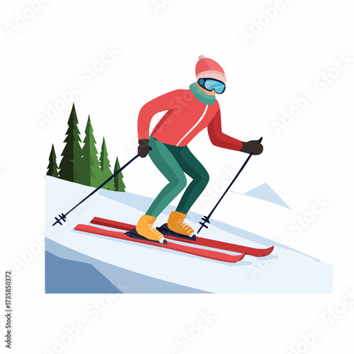 A person skiing down a snowy mountain slope with pine trees in the background, enjoying winter sports.