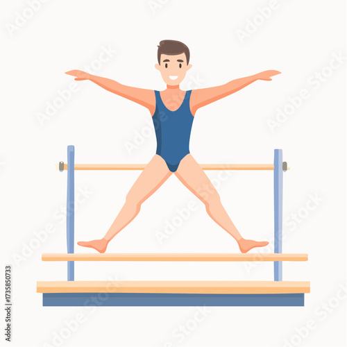 A smiling male gymnast in a blue leotard performing a routine on the parallel bars.