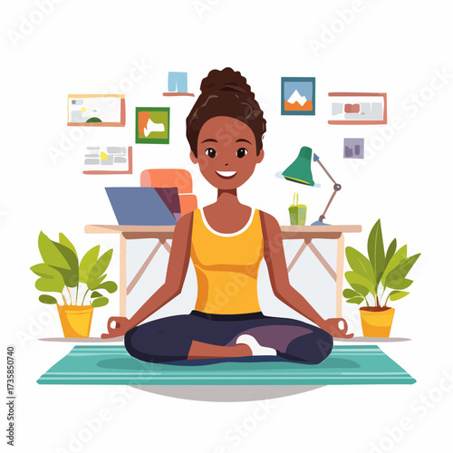 A woman meditating in a lotus pose at her home office desk with plants and artwork.