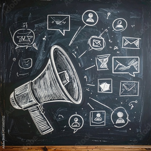 Chalkboard drawing of a megaphone, surrounded by email and social media icons