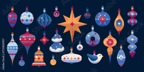 A charming collection of vector vintage Christmas tree toys. Balls, cones, bells, Star of Bethlehem, bird, Christmas tree.
