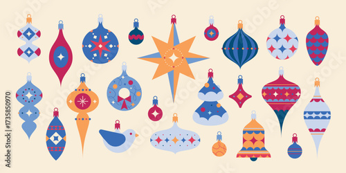 A charming collection of vector vintage Christmas tree toys. Balls, cones, bells, Star of Bethlehem, bird, Christmas tree.