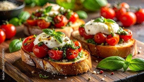 Fresh Bruschetta with Cherry Tomatoes, Mozzarella and Basil on Rustic Wooden Board