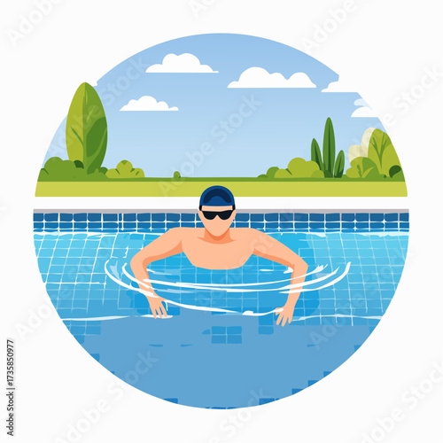 A man wearing a swim cap and goggles is in a blue swimming pool outdoors with green grass and trees in the background under a clear sky.