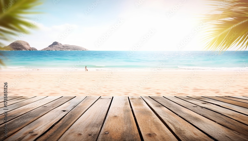 Fototapeta premium Empty Wooden Planks With Blur Beach And Sea On background 
