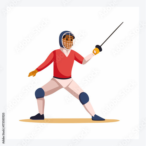 A cartoon illustration of a fencer in a red jacket and white pants, holding a sword in an active stance, ready for a match.