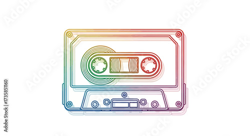 A colorful illustration of a vintage cassette tape, isolated on white, showing details.