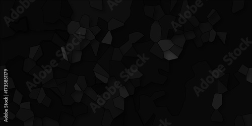 Dark abstract geometric mosaic with deep black and charcoal gray irregular polygons, featuring subtle highlights and shadows for a dramatic and mysterious effect