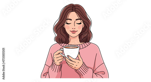 Illustration of a serene woman with closed eyes, holding a steaming white mug in both hands, wearing a pink sweater.