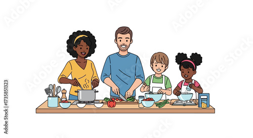 A diverse family enjoys cooking together, preparing a meal with vegetables and ingredients.