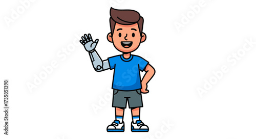 Cartoon illustration of a smiling boy with a prosthetic arm, waving his hand in a friendly greeting.
