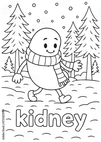 coloring book kidney wearing scarf in snowy forest, anatomy cartoon for kids