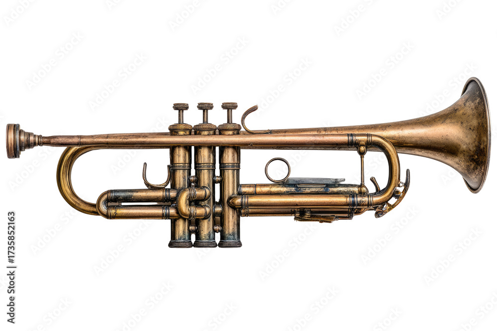 Obraz premium A beautifully aged brass trumpet, showcasing its vintage details and golden patina, ready for a harmonious melody or display. background removed