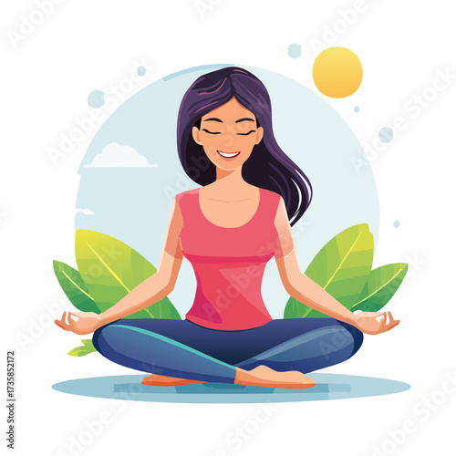 A serene illustration of a woman in a lotus position, meditating with closed eyes, radiating peace.