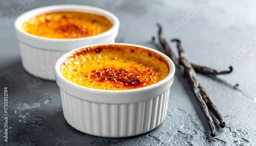Classic French Crème Brûlée in White Ramekins with Vanilla Beans on Gray Background