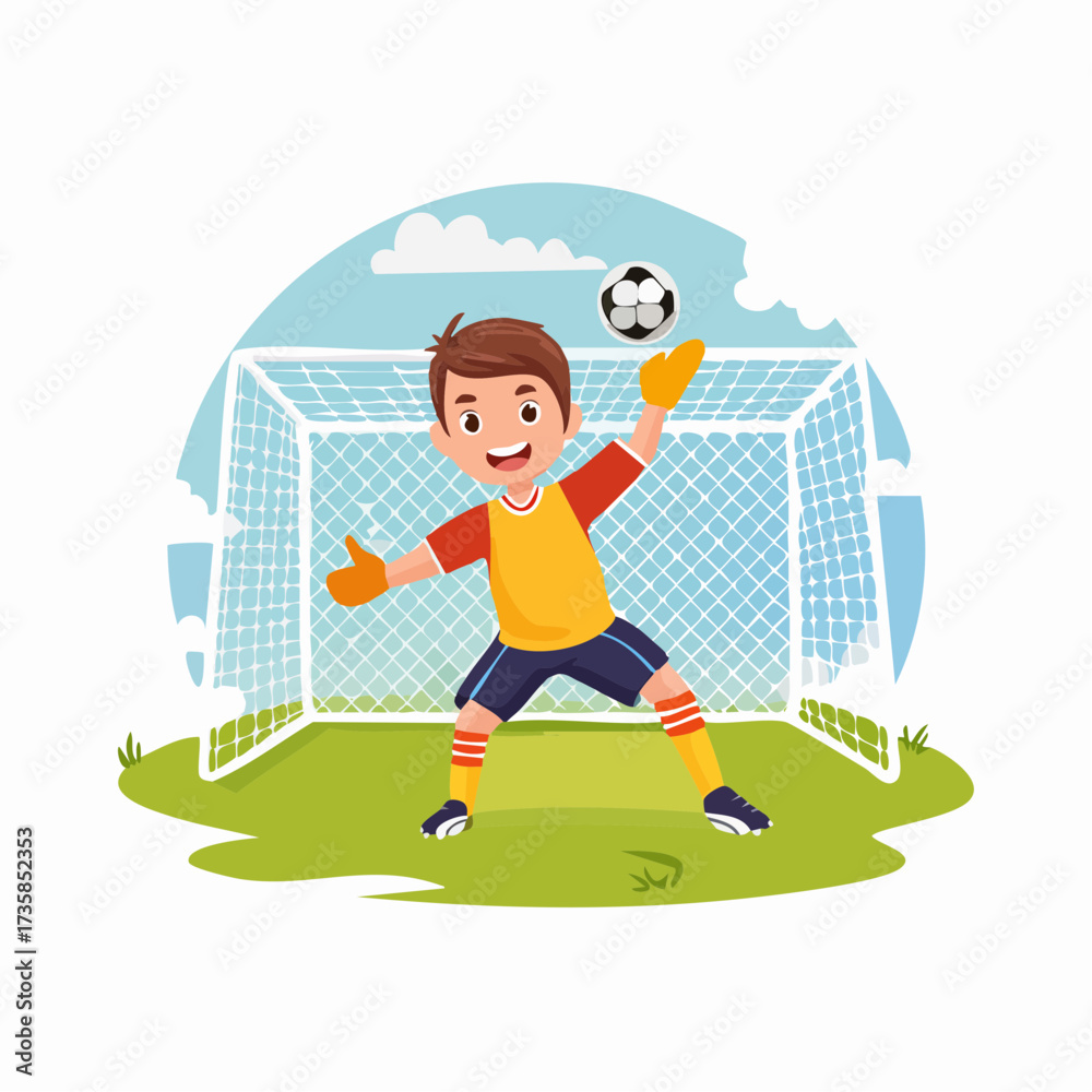 Fototapeta premium A young boy in a goalkeeper uniform is catching a soccer ball in front of the goal.
