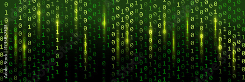 Binary rain background with glimmer and glowing light. Binary code with green light.