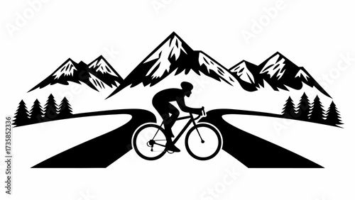 Cyclist conquering majestic mountains on scenic road, a powerful symbol of perseverance and outdoor adventure