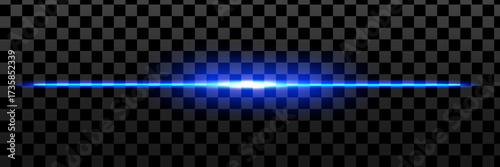 Blue laser line beam on dark background. Blue neon light horizontal ray beam