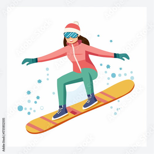 A woman in winter attire snowboarding down a snowy slope, enjoying the sport.