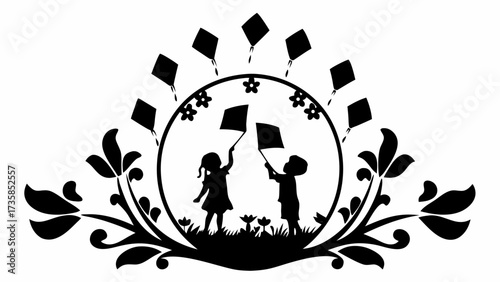 Celebrate childhood with kids flying kites in a floral meadow an adorable vintage vibe