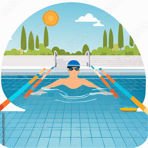Vector illustration of a man swimming laps in an outdoor pool under the bright sun on a summer day.