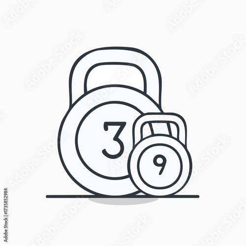 Line art illustration of two kettlebells, one large with number 3 and one small with number 9, used for strength training.