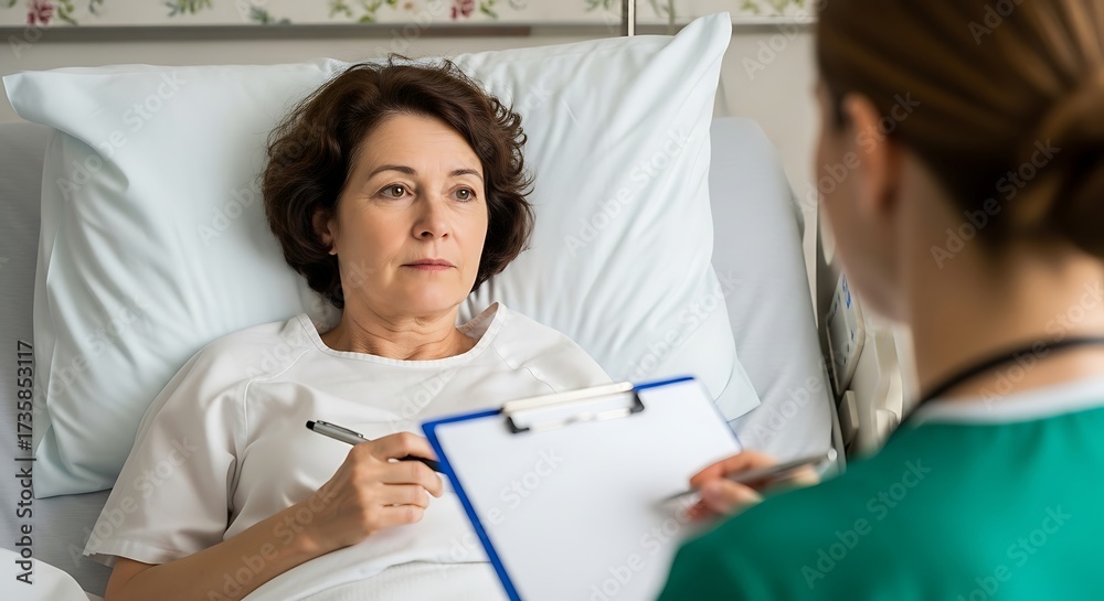 Fototapeta premium Female Patient Talking to Doctor in Hospital Bed During Medical Consultation