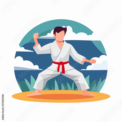 Illustration of a person in a white karate gi with a red belt performing a martial arts stance in an outdoor setting.