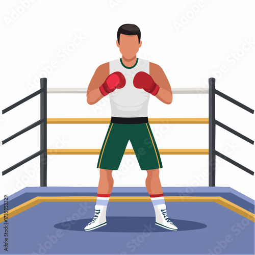 A boxer stands in a boxing ring, ready to fight with red gloves and shorts.