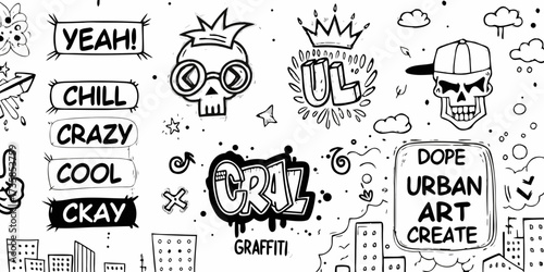 Urban graffiti art doodles with skulls crowns and positive slang words on a white background