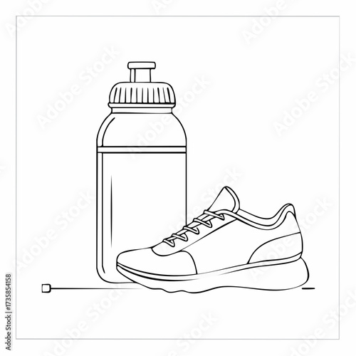 A line art illustration of a sports water bottle and a running shoe, representing fitness and hydration.