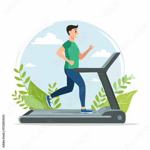 A man is running on a treadmill in a park with green plants and a blue sky.